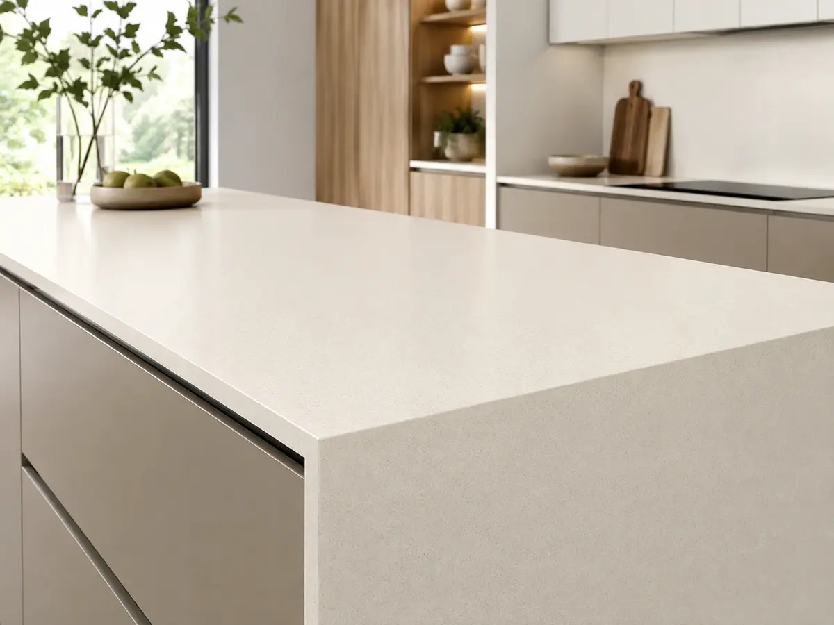 White quartz kitchen island with a waterfall edge and neutral wood cabinetry.