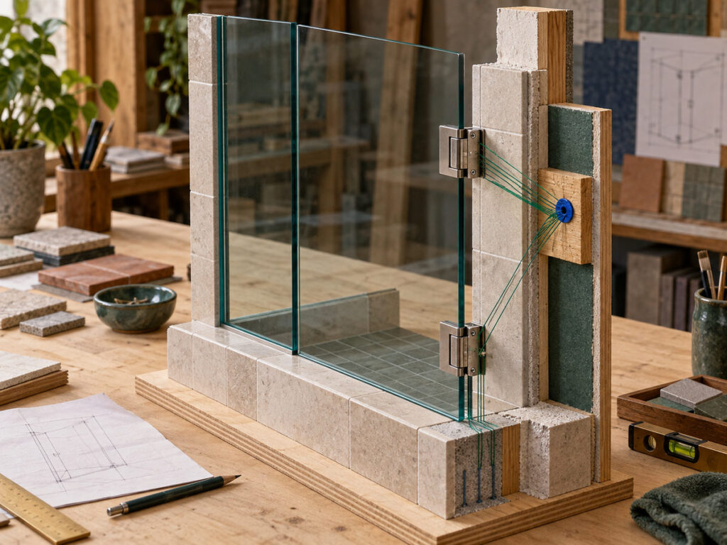 Shower glass hinge and wall support