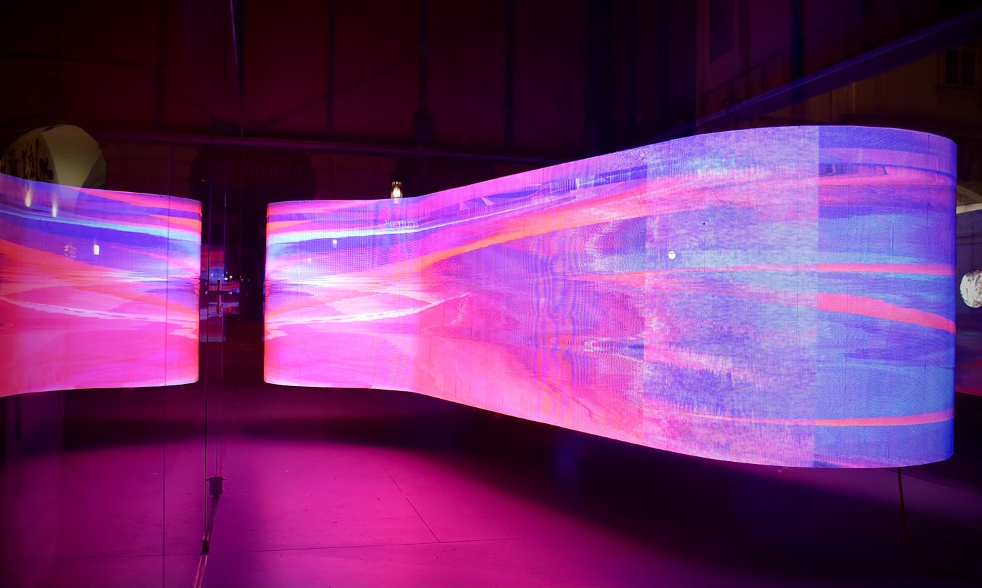 Creative custom LED display screens installed in an exhibition space