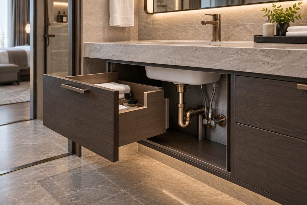 Hotel vanity plumbing and drawer layout